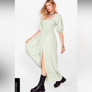 Nasty Gal Shirred Puff Sleeve Maxi Slit Dress